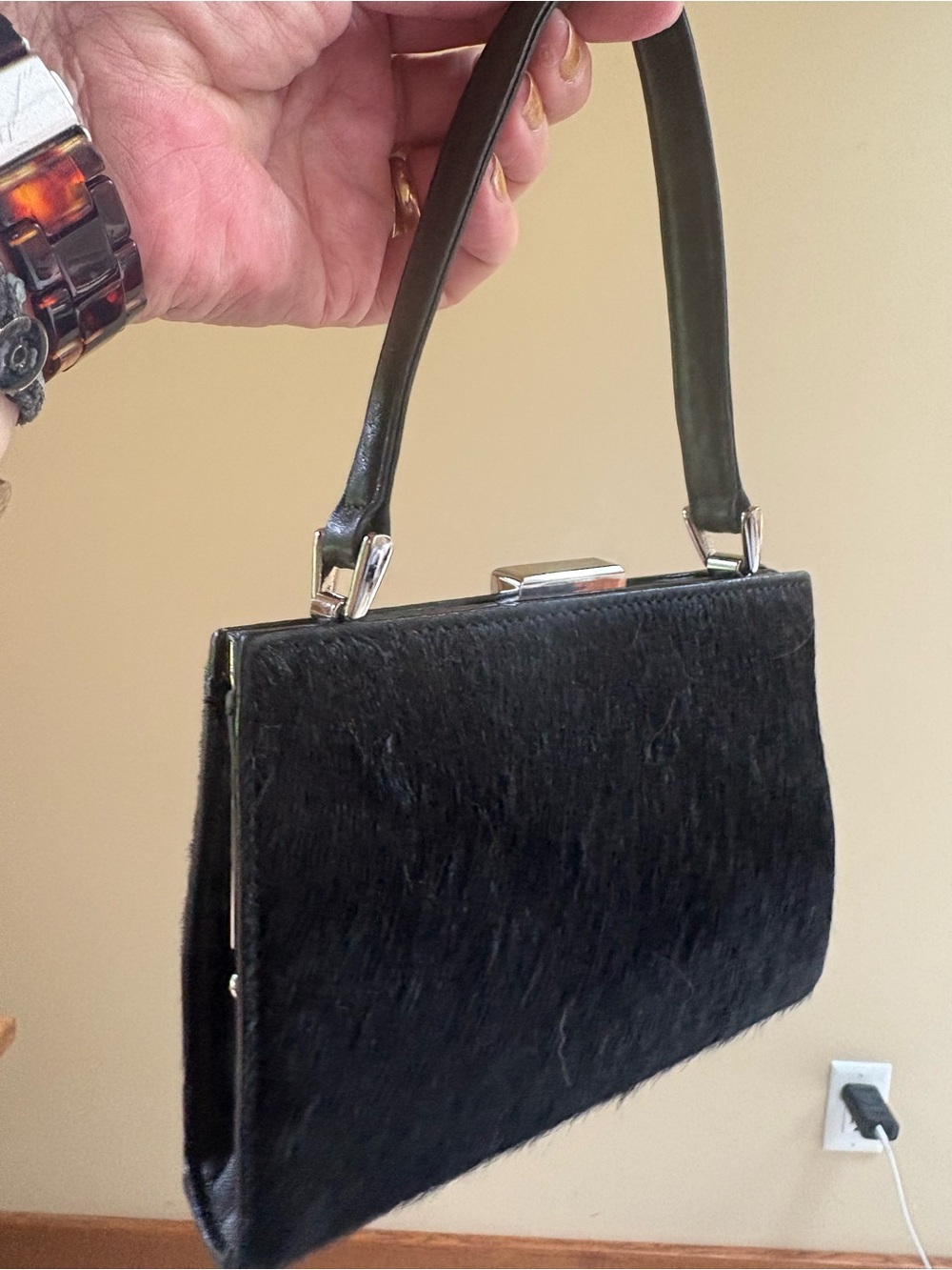 Gorgeous Adrienne Vittadini Black Calf Hair Leather Mini Bag Silver Hardware